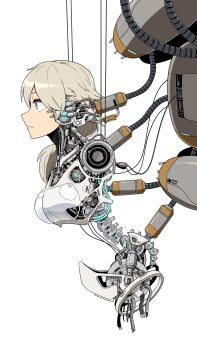  1girl absurdres amputee android blonde_hair blush cable commentary exposed_internal_machinery expressionless from_side galois gynoid hair_over_shoulder highres mechabare mechanical_spine original quadruple_amputee science_fiction solo 