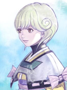  1990s_(style) 1girl amano_ai brown_eyes closed_mouth den'ei_shoujo highres katsura_masakazu lips long_sleeves retro_artstyle short_hair smile solo white_hair 