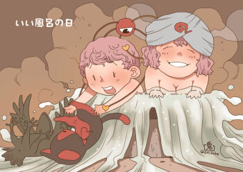  2girls bathing bird black_cat cat commentary_request crow grin hair_ornament heart heart_hair_ornament kaenbyou_rin kaenbyou_rin_(cat) komeiji_satori multiple_girls onikobe_rin onsen open_mouth pink_hair red_cat reiuji_utsuho reiuji_utsuho_(bird) saigyouji_yuyuko short_hair smile steam third_eye touhou towel towel_on_head tuxedo_cat upper_body water yatagarasu 