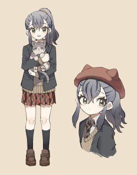  1girl absurdres animal cardigan cat commentary_request full_body grey_background grey_eyes grey_hair hat highres hikari_(kemono_friends) jacket kanmoku-san kemono_friends kemono_friends_3 long_hair looking_at_viewer necktie school_uniform shirt shoes simple_background skirt socks upper_body 