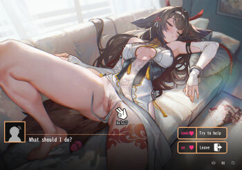  1girl absurdres accidental_exposure after_masturbation animal_ears breasts brown_hair brown_tail china_dress chinese_clothes clothing_aside commentary couch detached_sleeves dress egg_vibrator female_pubic_hair fox_ears fox_girl fox_tail hairband highres indoors kryp132 leg_tattoo long_hair manga_(object) medium_breasts on_couch panties pelvic_curtain pelvic_curtain_aside pornography pubic_hair pussy pussy_juice_stain sex_toy side-tie_panties sleeping solo tail tattoo uncensored underwear untied_panties vibrator white_hairband ye_shunguang zenless_zone_zero 