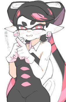  +_+ 1girl bare_shoulders blush breasts callie_(splatoon) callie_(squid_sisters_outfit)_(splatoon) earrings fangs gloves inkling jewelry jumping mira_2420 nintendo pointy_ears sleeveless splatoon_(series) tentacle_hair twintails white_background wide_hips 