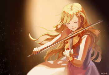  1girl bare_arms blonde_hair bow_(music) closed_eyes closed_mouth commentary dated dress hair_ornament hairclip happy_tears head_rest holding holding_bow_(music) holding_instrument holding_violin instrument light_particles long_hair mimichelle miyazono_kawori music playing_instrument shigatsu_wa_kimi_no_uso sleeveless sleeveless_dress smile solo spotlight swept_bangs tearing_up tears violin white_dress 
