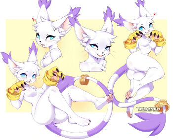  ! !! 1girl angry animal_ears ass barefoot blue_eyes breasts cat_ears cat_girl cat_tail digimon digimon_(creature) furry furry_female gold_ring looking_at_viewer medium_breasts open_mouth smile solo tail tail_ornament tailmon teranen white_fur 
