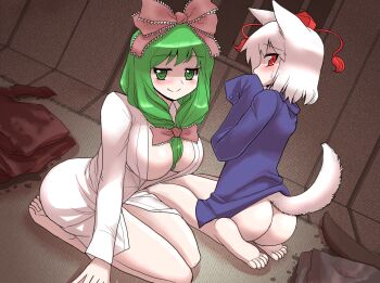  2girls animal_ears ass bare_legs barefoot blush bow breasts commentary_request dress_shirt embarrassed feet front_ponytail green_eyes green_hair hair_bow hat indoors inubashiri_momiji kagiyama_hina large_breasts long_hair mono_(moiky) multiple_girls naked_shirt red_eyes seiza shirt short_hair sitting tail tokin_hat touhou wariza wet wet_clothes white_hair wolf_ears wolf_tail 