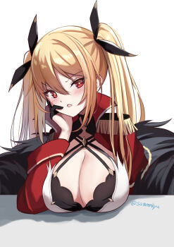  1girl azur_lane black_gloves black_ribbon blonde_hair blush breast_rest breasts bright_pupils cleavage commentary_request criss-cross_halter doku-doku frown gloves hair_between_eyes hair_ribbon half_gloves halterneck hand_on_own_cheek hand_on_own_face hand_up highres jacket large_breasts long_hair long_sleeves looking_at_viewer nelson_(azur_lane) nelson_(retrofit)_(azur_lane) open_clothes open_jacket open_mouth red_eyes red_jacket ribbon shadow sidelocks simple_background solo straight_hair twintails twitter_username v-shaped_eyebrows white_background white_pupils 