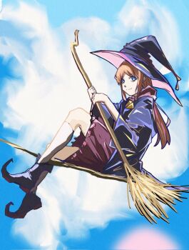  1girl bang_dream! bang_dream!_it's_mygo!!!!! blue_eyes blue_hat broom broom_riding brown_hair choker commentary_request hat kneehighs long_hair mrwule nagasaki_soyo red_skirt skirt socks solo white_socks witch_hat 