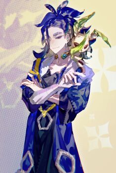  1boy adaman_(pokemon) bandaged_arm bandages blue_hair brown_eyes chuanjianhuangjiuneglect clothing_request cowboy_shot eyebrow_cut gen_4_pokemon hair_pulled_back half_updo highres leafeon looking_at_viewer male_focus multicolored_hair nintendo on_shoulder pokemon pokemon_(creature) pokemon_legends:_arceus pokemon_on_shoulder solo thick_eyebrows two-tone_hair 