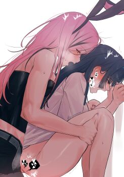  2girls absurdres against_wall animal_ears belt black_shorts black_tube_top blue_hair blush closed_eyes clothed_sex commentary elisbian futa_with_female futanari half-closed_eyes heart heavy_breathing highres hololive hololive_english lifting_person long_hair mori_calliope multicolored_hair multiple_girls muscular muscular_female open_belt ouro_kronii pantyhose pink_hair rabbit_ears sex sex_from_behind shirt shorts spoken_heart strapless sweat tube_top two-tone_hair untranslatable_commentary white_background white_shirt 