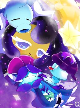  1girl =_= amix_(user_aygs3845) blue_eyes closed_eyes closed_mouth commentary cookie_run crossover dusk_lobber_(plants_vs._zombies) english_commentary eyelashes flower looking_at_another moonflower_(plants_vs._zombies) moonlight_cookie mushroom open_mouth plant plants_vs._zombies plants_vs._zombies_2 poison purple_flower shadow-shroom_(plants_vs._zombies) shadow_peashooter_(plants_vs._zombies) sleep_mask sleeping smile star_(symbol) tongue tongue_out trait_connection white_eyes zzz 