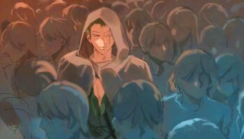  1boy cloak closed_mouth crowd faceless green_hair green_shirt hhyy090 hood hooded_cloak one_eye_closed one_piece people roronoa_zoro scar scar_across_eye scar_on_face sheath sheathed shirt short_hair solo_focus straight-on upper_body walking 