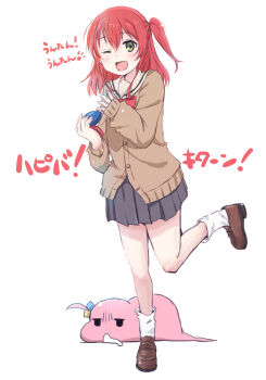  2girls ;d ankle_socks bocchi_the_rock! bow brown_cardigan brown_footwear cardigan commentary_request full_body gotoh_hitori gotoh_hitori_(tsuchinoko) green_eyes grey_skirt highres holding k-on! kita_ikuyo leg_up loafers long_hair long_sleeves looking_at_viewer maruyo multiple_girls one_eye_closed one_side_up open_mouth parody pleated_skirt red_bow red_hair sailor_collar school_uniform shoes simple_background skirt smile socks solo_focus standing standing_on_one_leg translation_request un_tan white_background white_sailor_collar white_socks 