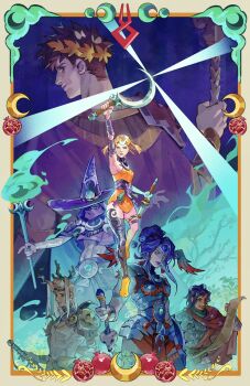  3boys 3girls aqua_cloak aqua_eyes armor asymmetrical_dual_wielding barefoot black_hair black_sclera blonde_hair blue_hair breasts cloak colored_sclera commentary covered_mouth crescent crescent_hair_ornament crop_top dress dual_wielding english_commentary food fruit full_body green_eyes green_leotard grey_hair hades_(series) hades_2 hair_bun hair_ornament hat hecate_(hades) heterochromia highres holding holding_scroll holding_sickle holding_staff holding_sword holding_weapon laurel_crown leotard medium_breasts melinoe_(hades) midriff moros_(hades) multiple_boys multiple_girls nemesis_(hades) odysseus_(hades) open_mouth orange_dress parted_bangs pomegranate purple_cloak purple_hair red_eyes scroll short_dress short_hair shoulder_armor sickle skull_ornament smile staff sword tassel two-sided_cloak two-sided_fabric upper_body weapon witch_hat yukinnn zagreus_(hades) 