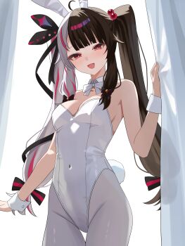  1girl absurdres ahoge animal_ears bare_shoulders black_hair blush breasts cleavage commentary_request fake_animal_ears highres leotard long_hair looking_at_viewer medium_breasts multicolored_hair nijisanji open_mouth pantyhose pink_streaks playboy_bunny rabbit_ears red_eyes smile solo streaked_hair tillots twintails two-tone_hair virtual_youtuber white_hair white_leotard white_pantyhose yorumi_rena  rating:Sensitive score:5 user:danbooru