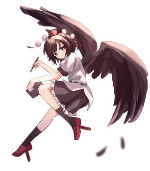  16sanrach 1girl absurdres bird_wings black_skirt black_socks brown_hair chinese_commentary commentary_request falling_feathers feathers frilled_skirt frills geta hat highres holding holding_notebook holding_pen looking_at_viewer medium_hair notebook pen pom_pom_(clothes) puffy_short_sleeves puffy_sleeves red_eyes red_hat red_shoes shameimaru_aya shirt shoes short_sleeves skirt socks solo tengu-geta tokin_hat touhou white_shirt wings 