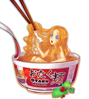  1girl bad_id bad_pixiv_id blonde_hair blue_eyes bowl censored chopsticks convenient_censoring cup instant_cup_noodles female_focus food food_girl grabbing_another's_hair hair_over_breasts holding_another's_hair in_bowl in_container in_cup in_food instant_cup_noodles instant_noodles long_hair mini_person minigirl noodles nude open_mouth original otaku personification qinni ramen recursion solo very_long_hair  rating:Sensitive score:30 user:danbooru