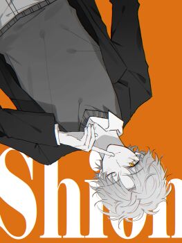  1boy black_jacket character_name closed_mouth collared_shirt dark_moon:_the_blood_altar grey_pants grey_sweater hand_up jacket long_sleeves one_eye_closed open_clothes open_jacket orange_background orange_eyes pants shion_(dark_moon:_the_blood_altar) shirt simple_background smile solo sweater user_gmhz2777  rating:General score:0 user:Gox