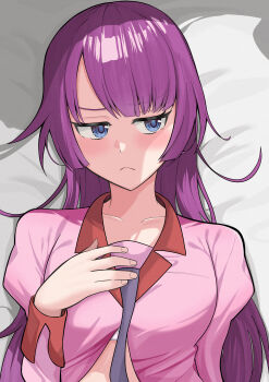 1girl absurdres averting_eyes bakemonogatari blue_eyes blush closed_mouth collarbone collared_shirt commentary_request eyelashes hand_on_own_chest hand_up hatashirou highres juliet_sleeves light_frown long_hair long_sleeves looking_to_the_side monogatari_(series) naoetsu_high_school_uniform necktie partially_unbuttoned pink_shirt puffy_sleeves purple_hair purple_necktie school_uniform senjougahara_hitagi shirt solo upper_body very_long_hair 