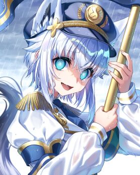  1girl @_@ ahoge alternate_hair_length alternate_hairstyle animal_ear_fluff animal_ear_piercing animal_ears aqua_eyes banner battle_standard black_hat blush commentary_request dero_(eka56921) embarrassed epaulettes fox_ears fox_girl fox_tail hair_between_eyes hat highres holding_banner hololive long_hair looking_at_viewer military_hat open_mouth peaked_cap rain shirakami_fubuki short_hair solo spiral-only_eyes tail virtual_youtuber war_banner wavy_mouth white_hair 