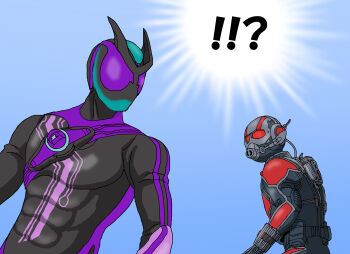  !? 2boys ant-man ant-man_(movie) ant-man_(series) belt bodysuit commentary_request compound_eyes crossover helmet highres kamen_rider kamen_rider_zeztz kamen_rider_zeztz_(series) kamen_rider_zeztz_paradigm_wonder looking_at_another male_focus marvel multiple_boys power_connection rider_belt shideboo_(shideboh) superhero_costume tokusatsu upper_body zeztz_driver 