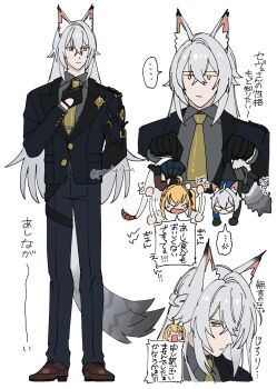  ... 1girl 2boys animal_ear_fluff animal_ears black_gloves black_jacket blonde_hair brown_shoes cat_boy cat_ears cat_tail cissia_(zenless_zone_zero) clothing_cutout colored_tips commentary_request crossed_bangs glove_cutout gloves grey_hair grey_shirt hair_between_eyes highres jacket long_hair motion_lines multicolored_hair multiple_boys multiple_views necktie police police_badge police_uniform policeman popochi_fuwa seth_lowell severian_lowell shirt shoes simple_background speech_bubble spoken_ellipsis tail translation_request twitter_username white_background yellow_eyes yellow_necktie zenless_zone_zero 