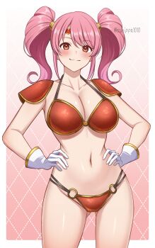  1girl absurdres armor armpits bare_arms bikini bikini_armor blush breasts cleavage closed_mouth collarbone commentary commission fire_emblem fire_emblem_echoes:_shadows_of_valentia gloves gluteal_fold gradient_background groin hands_on_own_hips highres large_breasts light_smile looking_at_viewer mae_(fire_emblem) navel nintendo o-ring o-ring_bikini o-ring_bottom pink_background pink_hair pixiv_commission red_bikini red_eyes sideboob solo stomach surippa1010 swimsuit thighs twintails twitter_username white_gloves 