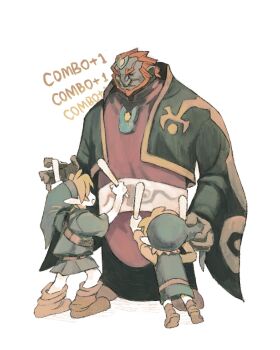  26_zzzzzz 3boys age_difference arms_up beard black_robe blonde_hair boots brown_boots clothes_grab colored_skin commentary dark-skinned_male dark_skin english_text expressionless facial_hair forehead_jewel full_body ganondorf gem green_hat green_skin green_tunic hands_up hat height_difference highres in-franchise_crossover link long_sleeves looking_down looking_up male_focus multiple_boys nintendo open_mouth orange_gem orange_hair phrygian_cap pointy_ears robe sash shoulder_belt simple_background standing the_legend_of_zelda the_legend_of_zelda:_ocarina_of_time the_legend_of_zelda:_the_wind_waker toon_link tunic untranslatable_commentary white_background white_sash wide_sleeves young_link 