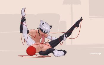  1boy 9s_(nier:automata) anal_beads anal_tail animal_ears artist_name asymmetrical_gloves asymmetrical_legwear autofellatio black_thighhighs blindfold butt_plug cat_boy cat_ears cat_tail commentary erection fake_tail fellatio full_body gloves highres legs_apart legs_up male_focus masturbation mismatched_gloves mismatched_legwear nier:automata nier_(series) nipples oral short_hair split-color_clothes string tail tailbox testicles thighhighs untranslatable_commentary white_hair white_thighhighs yarn yarn_ball 