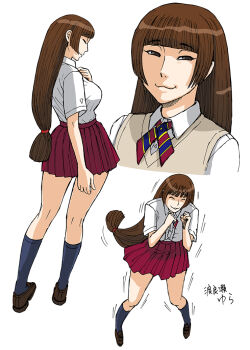  13_(kaiten_sommelier) 13_kaiten 1girl blue_socks breasts brown_hair cardigan closed_eyes collar colorized full_body half-closed_eyes large_breasts long_hair looking_to_the_side red_skirt school_uniform shirt simple_background skirt smug socks standing tagme thighs visible_ears white_background white_collar white_shirt yura_(13_kaiten) 