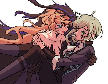  2girls :d arms_around_neck ascot bare_shoulders baseball_cap black_boots black_dress black_hands black_pants black_veil black_vest blue_eyes boots carrying carrying_person colored_extremities dress feet_out_of_frame grey_eyes grey_hair haihaiera hair_bun hat looking_at_another multiple_girls nautika_(reverse:1999) open_mouth pants pink_hair princess_carry profile reverse:1999 shirt simple_background single_side_bun smile strapless strapless_dress upper_body veil vertin_(reverse:1999) vest waistcoat white_ascot white_shirt 