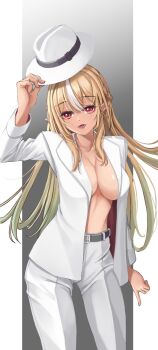  1girl arm_at_side arm_up belt belt_buckle black_belt blonde_hair breasts buckle cowboy_shot fedora grey_background hashtag-only_commentary hat highres holding holding_unworn_clothes holding_unworn_hat hololive jacket large_breasts long_sleeves looking_at_viewer multicolored_hair no_bra open_clothes open_jacket open_mouth pants red_eyes shiranui_flare solo standing streaked_hair underline_(yuki154cm) unworn_hat unworn_headwear virtual_youtuber white_hat white_jacket white_pants 