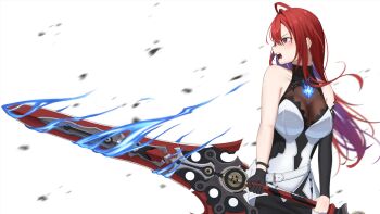  1girl ahoge black_gloves blue_fire blue_hair breasts colored_inner_hair commentary detached_sleeves dress elizabeth_rose_bloodflame elizabeth_rose_bloodflame_(1st_costume) fire fire_on_chest from_side gloves greatsword halter_dress halterneck hazeillusts highres holding holding_sword holding_weapon hololive hololive_english huge_ahoge large_breasts multicolored_hair open_mouth red_eyes red_hair see-through_cleavage see-through_clothes simple_background single_glove single_hair_intake single_sleeve solo sword thorn_(elizabeth_rose_bloodflame) virtual_youtuber weapon white_background white_dress 