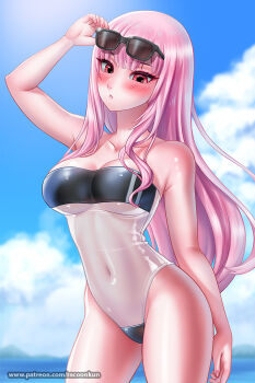  1girl adjusting_eyewear arm_at_side arm_up bare_arms bare_shoulders black-framed_eyewear black_one-piece_swimsuit blue_sky blush breasts center-flap_bangs cleavage cloud collarbone commentary contrapposto covered_navel cumulonimbus_cloud day double-parted_bangs eyelashes eyewear_on_head hair_between_eyes hololive hololive_english long_hair mori_calliope mountain one-piece_swimsuit outdoors parted_lips patreon_username pink_hair racoon-kun red_eyes see-through_clothes see-through_one-piece_swimsuit sidelocks sky standing strapless strapless_one-piece_swimsuit sunglasses swimsuit tsurime two-tone_one-piece_swimsuit very_long_hair virtual_youtuber water watermark web_address white_one-piece_swimsuit 