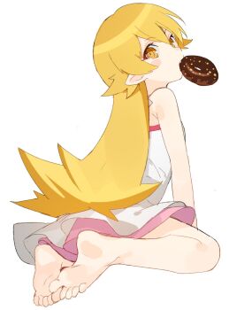  1girl artist_request bare_shoulders barefoot blonde_hair blush donut dress eating fang food food_in_mouth highres long_hair looking_at_viewer monogatari_(series) oshino_shinobu pointy_ears skirt soles spiked_hair third-party_source two-tone_dress white_background  rating:General score:16 user:danbooru
