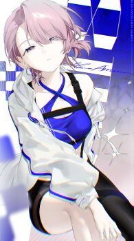  1girl absurdres arimura_mao black_shorts blue_sports_bra breasts chromatic_aberration commentary_request earrings gakuen_idolmaster half-closed_eyes halterneck happy_birthday highres idolmaster jacket jewelry long_sleeves open_clothes open_jacket parted_lips pink_hair short_hair shorts sitting solo sports_bra vickyycy99 white_jacket 