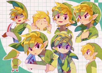  1boy ;d adversarial_noise artist_name black_eyes blonde_hair clutching_chest commentary_request green_hat green_tunic grid_background hat highres holding holding_shield holding_sword holding_weapon link long_sleeves male_focus multiple_views nintendo one_eye_closed open_mouth pointy_ears shield short_hair smile sword the_legend_of_zelda the_legend_of_zelda:_the_wind_waker tokuura toon_link tunic twitter_username watermark watermark_grid weapon 