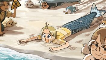  1boy 3girls :< :3 :d beach bird blonde_hair blowing_whistle blue_eyes body_writing brown_eyes brown_hair cat chicken closed_eyes clumsy_nun_(diva) commentary diva_(hyxpk) duck english_commentary froggy_nun_(diva) glasses glasses_nun_(diva) highres holding holding_sign little_nuns_(diva) mermaid_costume multiple_girls ocean old-fashioned_swimsuit one-piece_swimsuit open_mouth round_eyewear sand sign smile striped_clothes striped_one-piece_swimsuit swimsuit topknot yellow_one-piece_swimsuit 