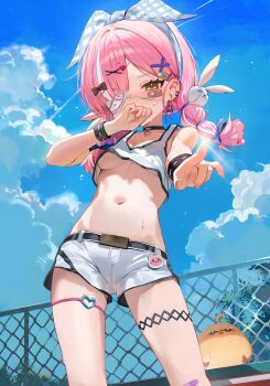  1girl absurdres azur_lane bandaid bandaid_on_cheek bandaid_on_face bandaids_on_nipples belt black_belt black_choker blue_hairband blue_sky bow bow_hairband braid braided_twintails breasts chain-link_fence character_request choker cleavage cloud covering_own_mouth cowboy_shot crop_top crop_top_overhang day eyepatch fence glint hair_ornament hairband hand_up hashtag-only_commentary heart heart_hair_ornament heart_o-ring highres looking_at_viewer medical_eyepatch medium_breasts multicolored_hair navel no_bra o-ring o-ring_thigh_strap one_eye_covered orange_eyes outdoors parted_bangs pasties pink_hair plaid_bow plaid_hairband riko_(rik0ring) short_shorts shorts sky solo standing stomach streaked_hair summer sweat tank_top thigh_strap twin_braids underboob white_shorts white_tank_top x_hair_ornament z47_(azur_lane) z47_(batter_home_run)_(azur_lane) 