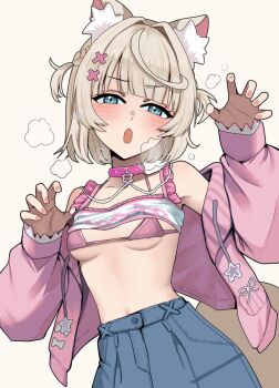  1girl animal_ears blonde_hair blue_eyes blue_skirt bra braid breasts camisole camisole_lift claw_pose clothes_lift clothes_writing commentary dog_ears dog_girl eneeues english_commentary frilled_camisole frilled_straps frills hair_ornament hands_up highres holoadvent hololive hololive_english jacket looking_at_viewer mococo_abyssgard mococo_abyssgard_(casual) multicolored_hair navel off_shoulder official_alternate_costume official_alternate_hairstyle open_mouth pink_bra pink_jacket pink_streaks short_hair side_braids simple_background skirt small_breasts solo streaked_hair two_side_up underwear virtual_youtuber white_background white_camisole x_hair_ornament 