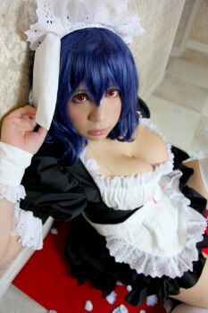 apron blue_hair breasts chouzuki_maryou cosplay large_breasts maid maid_apron maid_headdress photo_(medium) plump red_eyes seikon_no_qwaser thick_thighs thighhighs thighs yamanobe_tomo rating:Explicit score:9 user:H-Viruz