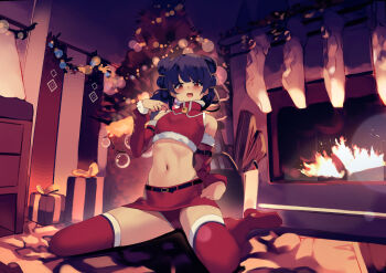  1girl absurdres alternate_costume artistic_error belt belt_buckle bikini bikini_top_pull blunt_bangs blurry blush bokeh box buckle christmas christmas_ornaments christmas_tree collar commission depth_of_field fire_emblem fire_emblem:_the_sacred_stones fireplace flat_chest full_body fur-trimmed_sleeves fur_trim gift gift_box hand_on_own_hip hand_up highres kani_fish kneeling lens_flare light_particles long_hair long_sleeves looking_at_viewer midriff multi-tied_hair myrrh_(fire_emblem) navel neck_bell nintendo open_mouth pale_skin panties pulling_own_clothes purple_hair red_eyes red_panties red_skirt red_sleeves red_thighhighs ribs santa_bikini santa_costume shiny_skin sitting skirt smile solo swimsuit textless_version thighhighs thighs twintails underwear wariza  rating:Sensitive score:20 user:PokaraNoOobabasama