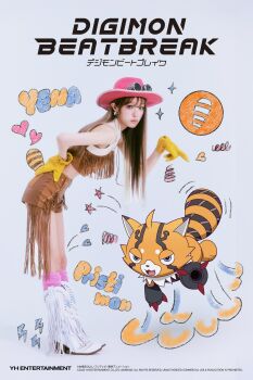  artist_collaboration character_name choi_yena cowboy_hat dated digimon digimon_(creature) digimon_beatbreak female_focus full_body hat hood horns jumping long_tongue miniskirt official_art open_mouth outstretched_arm photo_(object) pristimon promotional_art real_life short_shorts shorts skirt smile standing tail title toei_company tongue white_background 