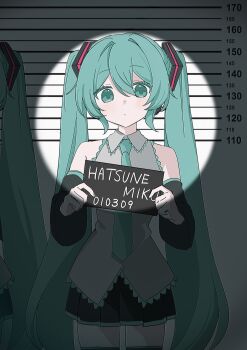  2girls 39 absurdres aqua_eyes aqua_hair aqua_necktie bare_shoulders black_skirt black_sleeves character_name closed_mouth collared_shirt commentary cowboy_shot dark_room detached_sleeves dot_mouth expressionless grey_shirt hatsune_miku height_mark highres holding holding_sign long_hair long_sleeves looking_at_viewer miniskirt mugshot multiple_girls necktie pleated_skirt shirt sign skirt sleeveless sleeveless_shirt solo_focus spotlight standing straight-on twintails very_long_hair vocaloid yukia_1128 