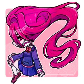  1girl acrobatic_silky_(dandadan) blue_jacket blue_skirt border bow bowtie breasts brown_shoes chibi chibi_only dandadan eyeliner hair_between_eyes jacket ka_ku_23 loafers long_hair makeup medium_breasts pink_background pink_eyeliner pink_eyes pink_hair pleated_skirt red_bow red_bowtie school_uniform shoes skirt socks solo suit_jacket white_border white_socks 