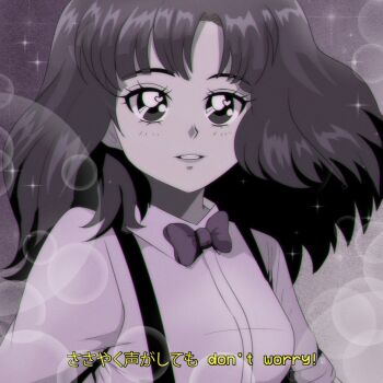  1990s_(style) 1girl animification black_bow black_bowtie bow bowtie brenni_murasaki collared_shirt floating_hair grey_background highres long_hair looking_at_viewer parted_lips retro_artstyle shirt simple_background smile solo suspenders sweetest_music takeuchi_mariya white_shirt 