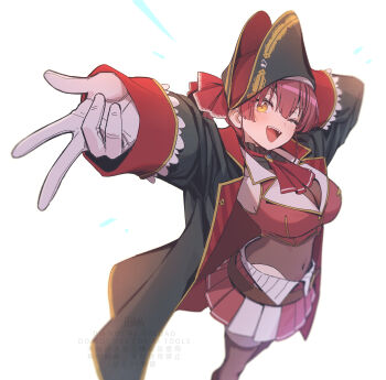  1girl :d ;d a-ka arm_behind_head armpits arms_up ascot belt bicorne black_coat black_hat blue_gem blush breasts brown_belt brown_leotard brown_thighhighs choker cleavage coat commentary_request cropped_jacket dot_nose fanged_bangs fangs feet_out_of_frame foreshortening frilled_choker frills gem gold_trim gyaru_v hair_between_eyes hat head_tilt highres hololive houshou_marine houshou_marine_(1st_costume) jacket large_breasts leather_belt legs_together leotard leotard_under_clothes looking_at_viewer miniskirt off_shoulder one_eye_closed open_mouth pirate_costume pirate_hat pleated_skirt red_ascot red_hair red_jacket red_skirt see-through_clothes see-through_leotard sidelocks simple_background skirt sleeveless sleeveless_jacket smile solo standing thighhighs two-tone_skirt v virtual_youtuber white_background white_skirt yellow_eyes 