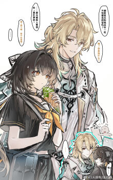  1boy 1girl absurdres antenna_hair bag black_bow black_hair black_shirt black_skirt blonde_hair bow bowtie bright_pupils chinese_text choker coat collarbone curtained_hair eyes_visible_through_hair female_rover_(wuthering_waves) food green_streaks hair_between_eyes hair_bow hair_intakes hair_ornament hair_over_shoulder hairclip half_updo hashtag-only_commentary hetero highres holding holding_food holding_ice_cream holding_strap ice_cream long_hair luuk_herssen_(wuthering_waves) medium_hair multiple_views parted_lips ponytail red_eyes ribbon rover_(wuthering_waves) sailor shirt shoulder_bag skirt sweatdrop translation_request upper_body watermark weibo_watermark white_choker white_coat white_pupils wuthering_waves xibuxihuanmoyu yellow_bow yellow_bowtie yellow_eyes yellow_ribbon 