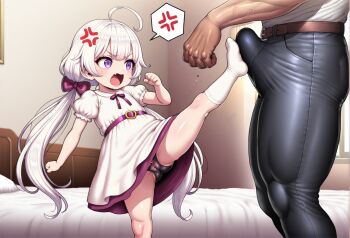  1boy 1girl age_difference angry bed bedroom blush bulge dark-skinned_male dark_skin erection erection_under_clothes grey_hair interracial loli long_hair muscular muscular_male open_mouth original purple_eyes size_difference speech_bubble test_tube twintails 