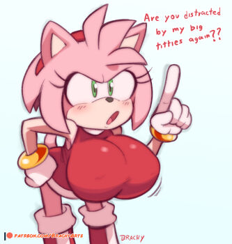  1girl alternate_breast_size_(larger) amy_rose animal_ears brachyartz breasts dress furry furry_female gloves green_eyes hand_on_own_hip hedgehog_girl large_breasts looking_at_viewer open_mouth pink_fur red_dress red_shoes shoes solo sonic_(series) tail white_background white_gloves 