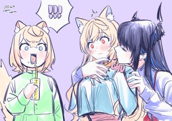  ! !! 3girls animal_ears black_hair blonde_hair blue_eyes blue_shirt blush closed_eyes closed_mouth commentary dated english_commentary flower fuwawa_abyssgard green_shirt hand_on_another's_arm hand_on_another's_chest highres holding_hands hololive jaw_drop kiss kissing_neck long_hair long_sleeves mococo_abyssgard multiple_girls nerissa_ravencroft open_mouth purple_background purple_shirt red_eyes shirt short_hair siblings simple_background sisters sound_effects straight_hair surprise_kiss surprised twitter_username virtual_youtuber yuri yuri_kyanon 